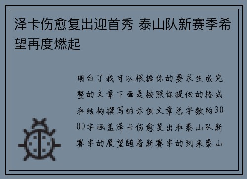 泽卡伤愈复出迎首秀 泰山队新赛季希望再度燃起 泽卡伤愈复出迎首秀 泰山队新赛季希望再度燃起